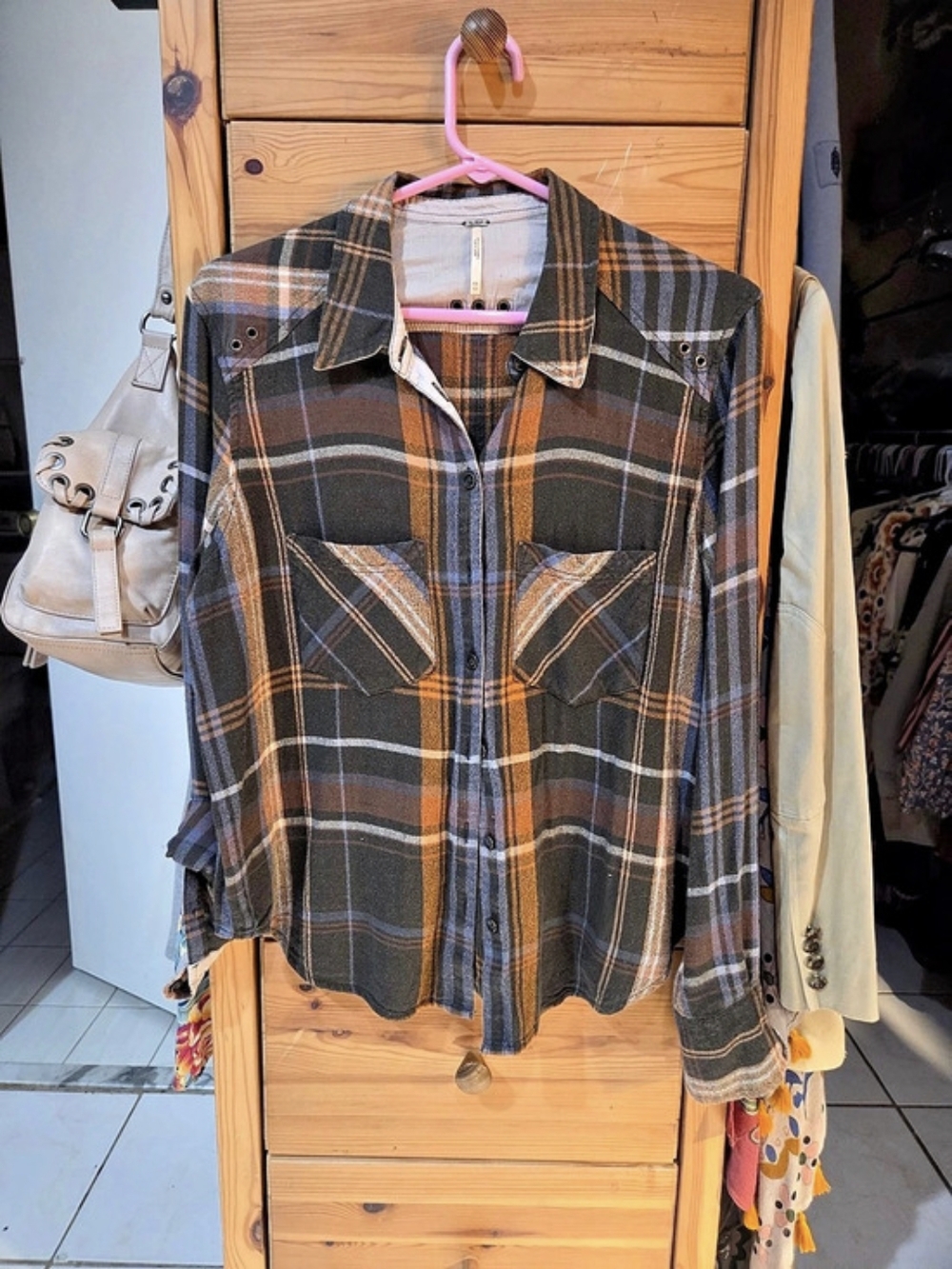 Free People Wesley Plaid Button Down Shirt Brown & Orange XS